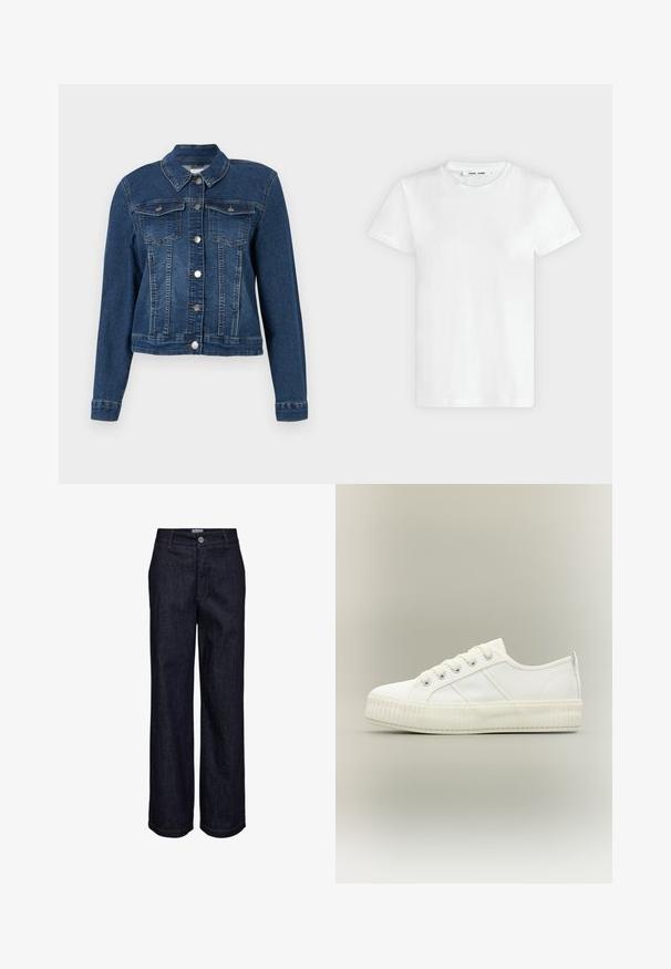 Veste en denim, bleu foncé, design ajusté, manches longues, fermeture à boutons, deux poches poitrine et un col classique. Tissu à texture uniforme.; T-shirt blanc uni à manches courtes et col rond, posé à plat sur un fond gris clair, montrant le devant avec l'étiquette à l'intérieur du col.; Jeans en denim bleu foncé à jambes droites avec fermeture par bouton et zip, passants pour ceinture, et détails de coutures visibles.; Baskets basses blanches avec semelle épaisse côtelée, lacets à l'avant et languette à l'arrière sur fond neutre.