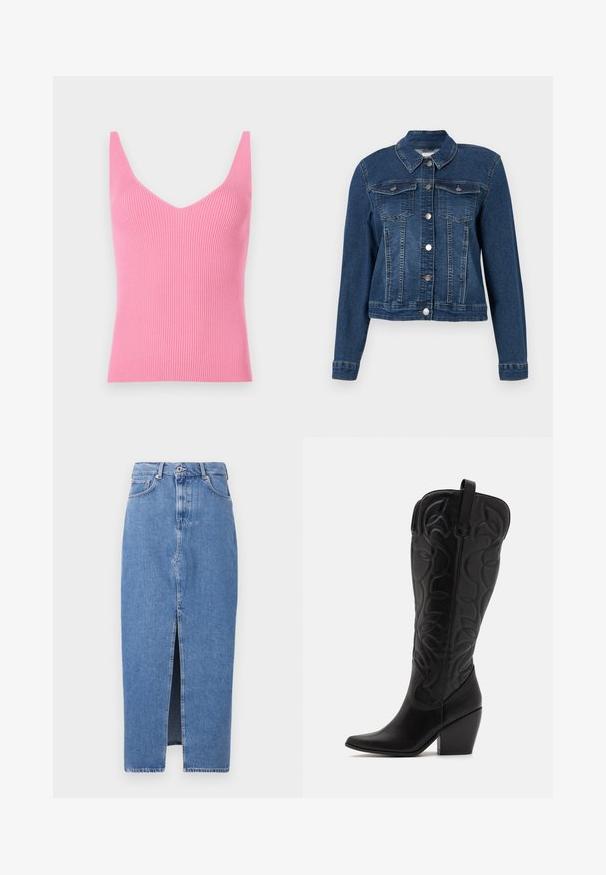 Denimjacke, dunkelblau, taillierte Passform, lange Ärmel, Knopfverschluss, zwei Brusttaschen und ein klassischer Kragen. Gleichmäßig strukturierter Stoff.; Figurbetontes, pinkes, geripptes Tanktop mit tiefem V-Ausschnitt, breiten Schulterträgern und glatter Textur. Eignet sich sowohl zum Schichten als auch zum alleinigen Tragen.; Hellblaues Denim-Midi-Rock mit einem vorderen Schlitz, klassischem Fünf-Taschen-Design und einem oberen Knopfverschluss. Der Stoff hat eine leichte Textur.; Schwarze kniehohe Stiefel aus Leder mit spitz zulaufender Zehenpartie und gestapeltem Absatz. Verfügt über dekorative Nähte und geschwungene Designelemente.