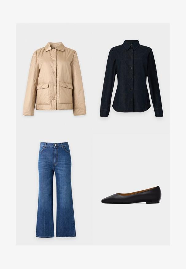 Beige gesteppte Jacke mit Kragen, Druckknopf-Verschluss vorne und zwei großen Klappentaschen mit Knöpfen an den Hüften.; CLOSED SEAMING SHIRT - Hemdbluse - dark blue; Weite Jeans aus dunkelblauem Denim mit hoher Taille, subtilen Waschungen und klassischem Five-Pocket-Design. Mit kontrastierendem Faden genäht.; Schwarzer flacher Schuh aus Leder mit spitz zulaufender Vorderkappe, niedrigem Absatz und glatter Oberfläche, von der Seite vor einem hellgrauen Hintergrund dargestellt.