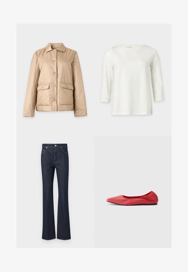 Veste matelassée beige avec col, fermeture devant à boutons-pression et deux grandes poches à rabats avec boutons sur les hanches.; Chemise blanche à manches longues avec un col rond, présentée sur un fond clair uni.; Jean en denim bleu foncé avec une taille haute, une coupe droite, une fermeture devant par boutons et des coutures visibles sur les poches et les coutures.; Filippa K REY FLATS - Ballerines - bright red