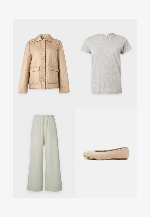 Beige padded jacket with a collar, snap button front closure, and two large flap pockets with buttons at the hips.; Light grey short-sleeve crew neck t-shirt with subtle heather pattern displayed on a plain background.; Light green wide-leg pants with an elastic waistband, featuring a textured fabric and no visible hardware or patterns.; Beige leather ballet flat with rounded toe, minimal seam detailing, low heel, and subtle logo on the back. Smooth, matte texture.