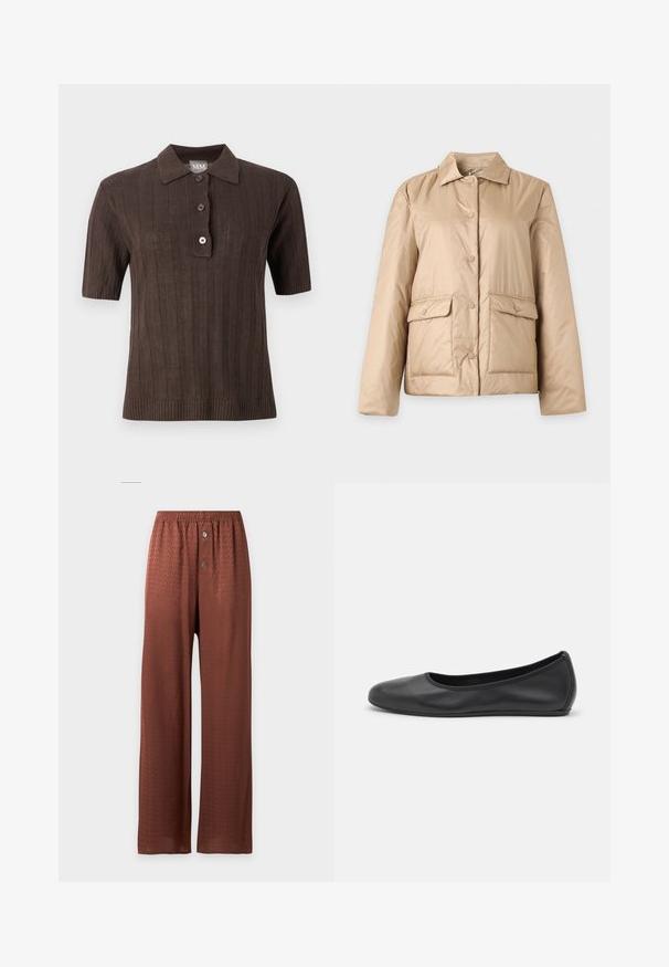 Veste matelassée beige avec col, fermeture devant à boutons-pression et deux grandes poches à rabats avec boutons sur les hanches.; Polo en maille marron foncé à manches courtes avec côtes verticales, patte à trois boutons et col sur fond uni clair.; Pantalon marron à jambes larges avec un motif texturé subtil, taille élastique et deux boutons sur le devant de la braguette.; Ballerines en cuir noir avec un bout rond, texture lisse, détails de couture minimalistes et design de semelle flexible.