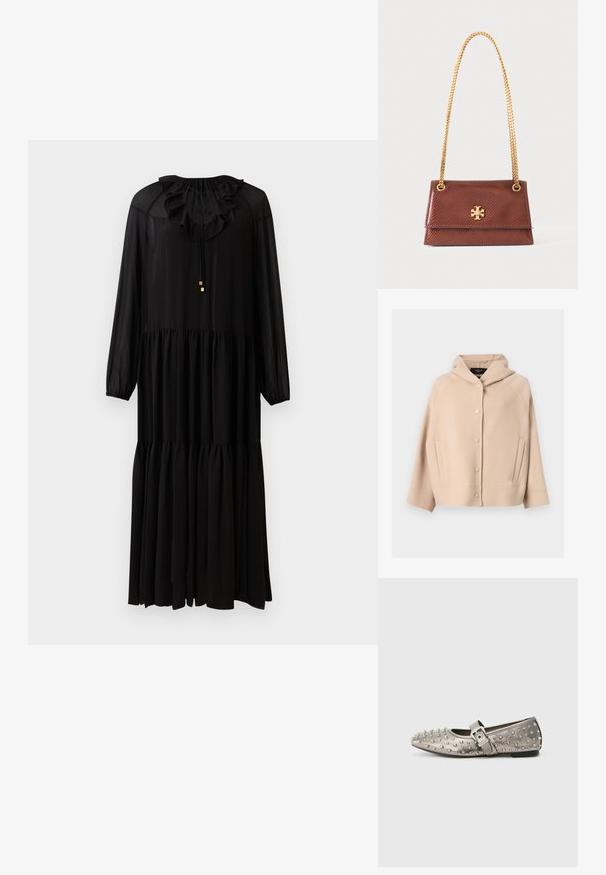Beige Kapuzenjacke mit vorderen Druckknöpfen, langen Ärmeln und schrägen Seitentaschen, hergestellt aus weichem, dickem Stoff.; Schwarzes langärmliges Kleid mit einem rüschierten Ausschnitt, elastischer Taille und gestuftem Rock. Hergestellt aus einem leichten Stoff. Schlichte goldene Hardware-Akzente.; Grauer flacher Schuh mit runder Zehenpartie, verziert mit metallischen Nieten und einem Seitengurt mit einer silbernen Schnallendetails. Glatte Textur.; Braune strukturierte Leder-Umhängetasche mit goldener Kettenriemen und goldenem Logo-Emblem auf der Vorderklappe, vor einem schlichten weißen Hintergrund liegend.