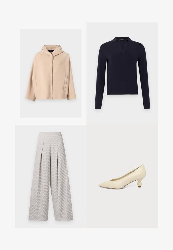 Beige gewatteerd jack met capuchon, voorzijde met drukknopen, lange mouwen en schuine zijzakken, gemaakt van zachte, dikke stof.; Marineblauwe trui met lange mouwen, een gespleten V-halskraag en aangesloten manchetten, weergegeven op een effen lichtgrijze achtergrond.; Lichtgrijze wijde broek met een textuurpatroon dat lijkt op kleine driehoeken, met een hoge taille en plooien voor extra structuur.; Dames schoen in roomkleur met een puntige neus en een lage, ronde balvormige hak op een effen achtergrond.