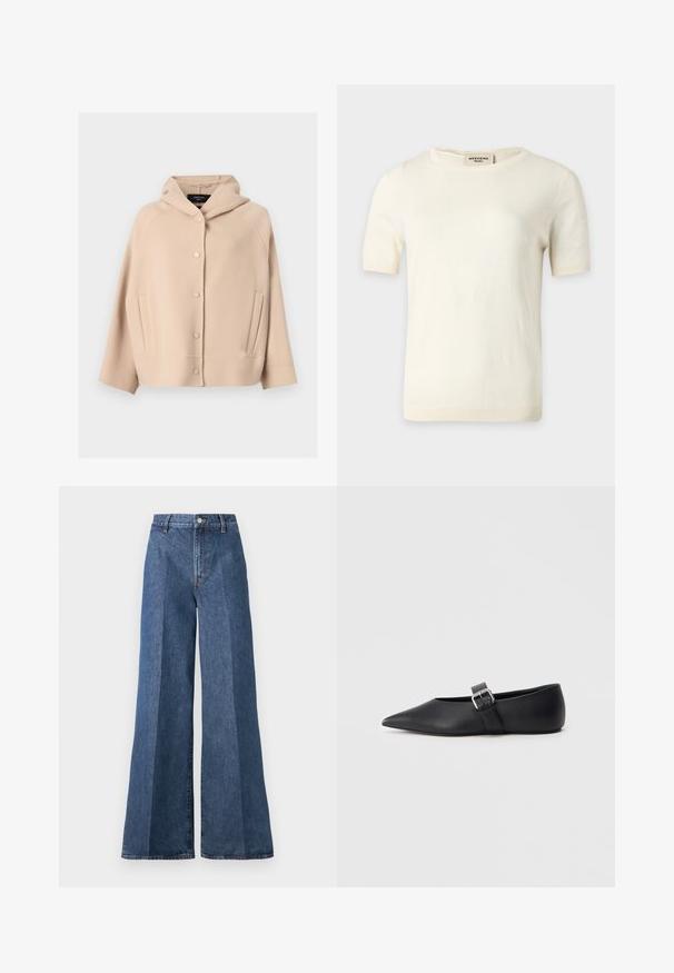 Beige gewatteerd jack met capuchon, voorzijde met drukknopen, lange mouwen en schuine zijzakken, gemaakt van zachte, dikke stof.; Crèmekleurige gebreide top met korte mouwen, ronde hals en geribde randen, met label "Weekend Max Mara" aan de binnenkant van de achterhals.; Wijd flonkerige blauwe denim jeans met een hoge taille, voorzien van klassieke vijf-pocketstijl en een knoopsluiting, gemaakt van gestructureerde katoen.; Zwarte leren platte schoen met puntige neus en zijriem met gesp. Gladde textuur, minimalistisch ontwerp, laag profiel. Geschikt voor casual draagstijl.