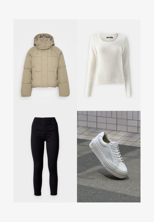 Beige pufferjakke med høj krave, justerbare snore og trykknapper. Har vandret syninger og to frontlommer.; Lys beige sweater med lange ærmer, bred rund udskæring, ribbede manchetter og kant; blød tekstur med en let fnugget finish.; Sorte skinny jeans med høj talje, lavet af stræk denim. Har en lukning med knap foran og to baglommer. Glat tekstur.; Hvide lædersneakers med lavt design, flade snører, rund tå og strukturerede sider. Tyk gummisål med diskrete detaljer.