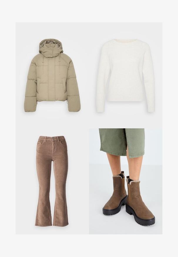 Beige puffer takki korkealla kauluksella, säädettävillä nyöreillä ja nappikiinnityksellä. Ominaisuuksiin kuuluu vaakasuora ompelukuvio ja kaksi etutaskua.; Valkoinen neulottu villapaita pitkillä hihoilla, pyöreällä kaula-aukolle ja ribbaatulla helman. Pehmeä rakenne, jossa on hieman pörröinen ulkonäkö. Ei näkyviä kuvioita.; Ruske flared hlače od kordura s rebrastom teksturom, s visokim strukom, pet džepova i prednjim dugmadi.; Ruske nahkasaappaat nilkkapituisia, joissa on kummitussisustettu kumipohja, pehmeä vuori ja elastiset sivupaneelit. Niissä on matala lohkokorko ja sileä pinta.