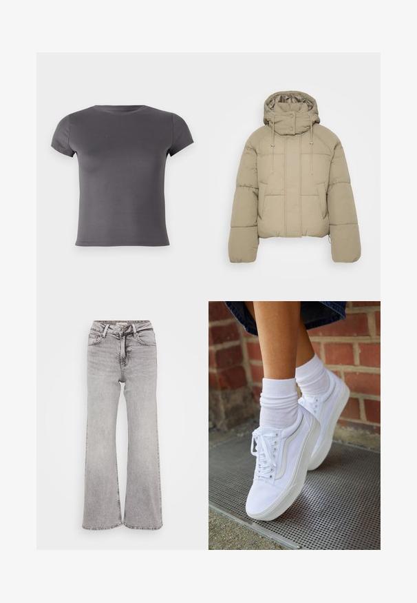 Beige pufferjakke med høj krave, justerbare snore og trykknapper. Har vandret syninger og to frontlommer.; Grå kortærmet T-shirt lavet af glat stof, med en rund udskæring og en tætsiddende pasform uden synlige mønstre eller detaljer.; Grå brede jeans lavet af denim, med et klassisk fem-lomme design, knaplukning og subtilt slid for tekstur.; Hvide lærreds sneakers med gummisåler, der har seks snørehuller, rund tå og let sømdetaljer, krydret med hvide ankelstrømper.