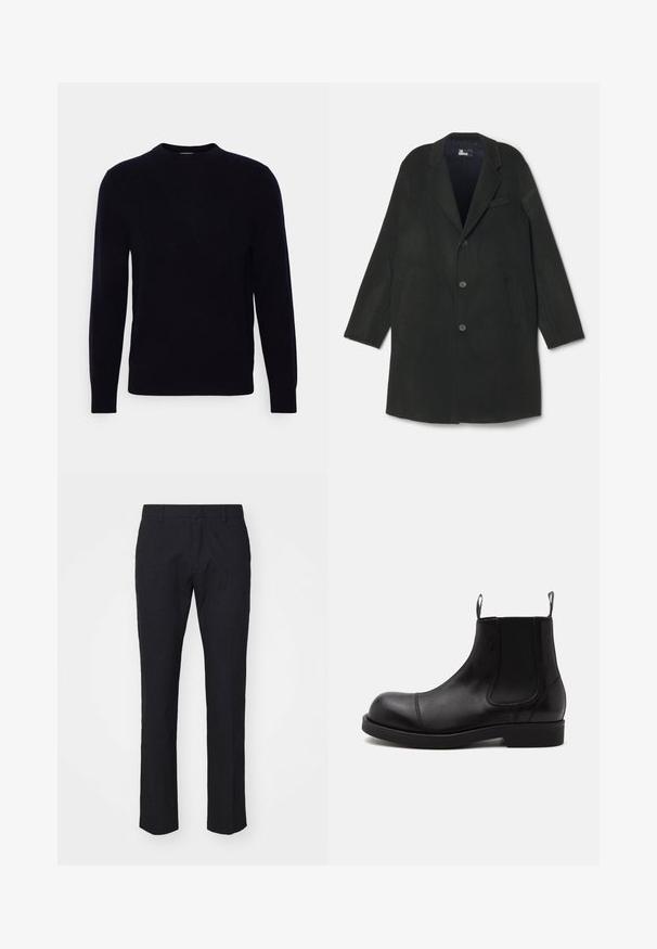 The Kooples MANTEAU - Mantel - black navy; Donkerblauwe crewneck trui met lange mouwen, gemaakt van zachte stof. Heeft een gladde textuur en een klassieke pasvorm, zonder zichtbare patronen of accenten.; Marineblauwe broek in een tailored snit, gemaakt van soepel materiaal. Bevat een vlakke voorkant, riemlussen en rechte pijpen met een schone zoom.; Zwarte leren Chelsea-boot met afgeronde neus, elastische zijpanelen, aantreklussen voor en achter, platte zool, van opzij getoond op witte achtergrond.