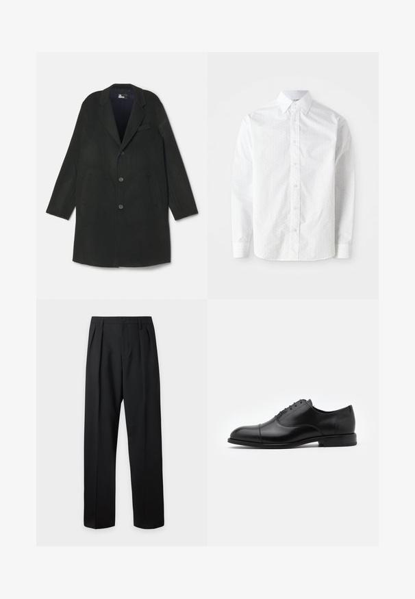 The Kooples MANTEAU - Klassisk frakke - black navy; Hvid langærmet skjorte i glat bomuld med et subtilt prikket mønster, klassisk krave, knaplukning foran og rundede manchetter.; Sorte skræddersyede bukser med høj talje, bæltestropper, frontfolder, knaplukning og lige vide ben på en lys baggrund.; Sorte læderdress sko med rund tå, snørebåndsdesign og diskrete syninger. Har en lav hæl og glat tekstur.