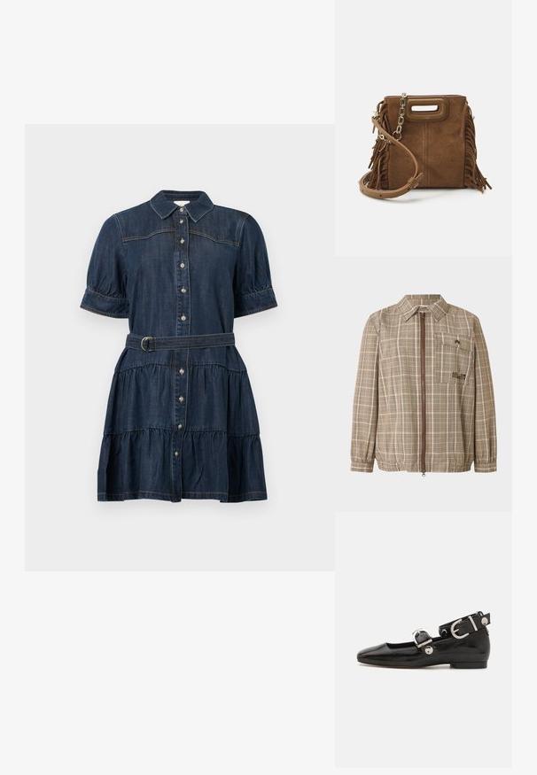 Veste marron à carreaux avec col, fermeture éclair avant et une poche poitrine. Manches avec poignets élastiqués et ourlet ajustable. Tissu léger.; Robe en denim bleu foncé avec manches courtes bouffantes, devant boutonné, jupe à volants et ceinture assortie. Présente des détails de couture subtils.; Ballerine en cuir verni noir avec un bout carré, sangle de cheville avec des détails en métal argenté et semelle plate. Texture lisse avec un design minimaliste.; Maje MINI - Sac bandoulière - camel