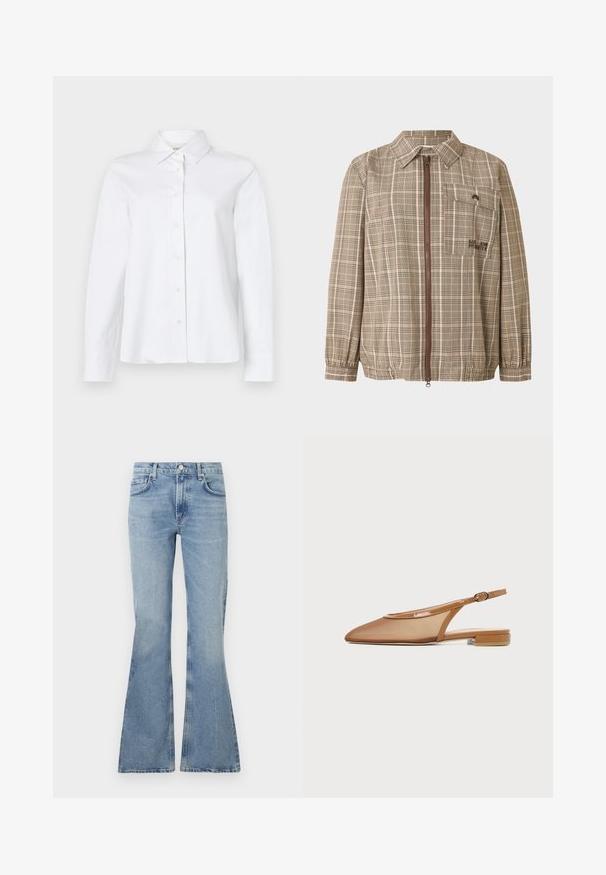 Brun ternet jakke med krave, lynlås foran og en brystlomme. Har elastiske manchetter og justerbar kant. Letvægtsstof.; CLOSED CLASSIC SHIRT WITH STRAP DETAIL - Skjortebluser - white; Lys blå, flagrende jeans lavet af denim, med høj talje, fem-lomme-design og subtil falming i hele stoffet.; Brun flad slingback sko med spids tå, mesh overdel, lakdetaljer og lille blokhæl, vist i sideprofil.