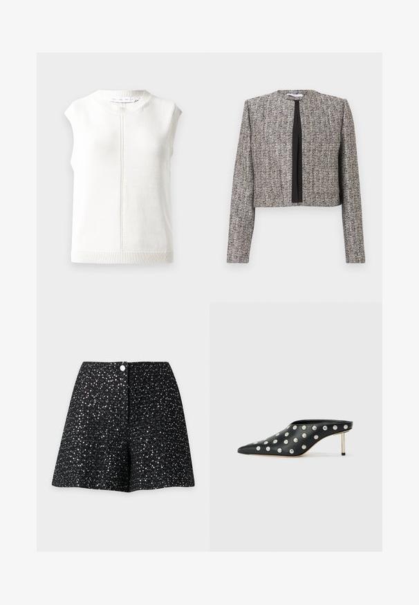 Blazer court texturé gris et noir avec manches longues et devant ouvert, orné d'un galon vertical noir uni.; Top en tricot sans manches blanc avec un col rond, un ourlet côtelé et un tissu texturé. Présente un détail de couture central courant verticalement.; Mini-jupe noire taille haute couverte de petits sequins argentés avec fermeture à boutons sur le devant, sur un fond uni.; STAND STUDIO KELSEY - Mules à talons - black
