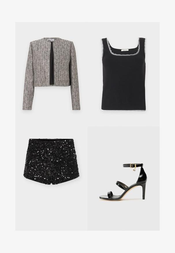 Blazer court texturé gris et noir avec manches longues et devant ouvert, orné d'un galon vertical noir uni.; Débardeur noir côtelé sans manches avec encolure carrée et bordure en dentelle blanche, présenté sur un fond clair uni.; Shorts noirs ornés de sequins avec une taille ajustée, présentant une texture lisse et une surface scintillante et réfléchissante grâce aux sequins.; Sandale en cuir verni noir avec trois brides, boucle de cheville et talon aiguille de 10 cm. Présente un détail en métal doré et un charm logo.