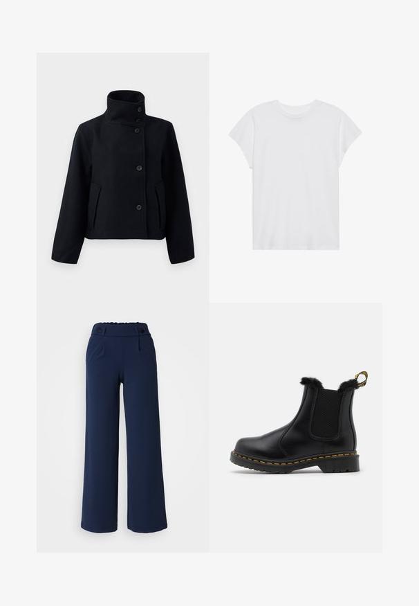 Zwarte wollen jas met een hoge kraag, met een dubbele knoopsluiting, twee zijzakken en een getailleerde pasvorm.; Witte t-shirt met korte mouwen, ronde hals, relaxte pasvorm, gemaakt van zacht katoen. Glad textuur, geen patronen of logo's.; Navy wijde pijpenbroeken van zachte stof; met platte voorkant, twee zijzakken en dubbele knoopsluiting in de taille.; Zwarte leren enkelboots met textuur in de elastische zijpanelen, een bontafwerking aan de bovenkant, gele stiksels en een stevige rubberen zool.