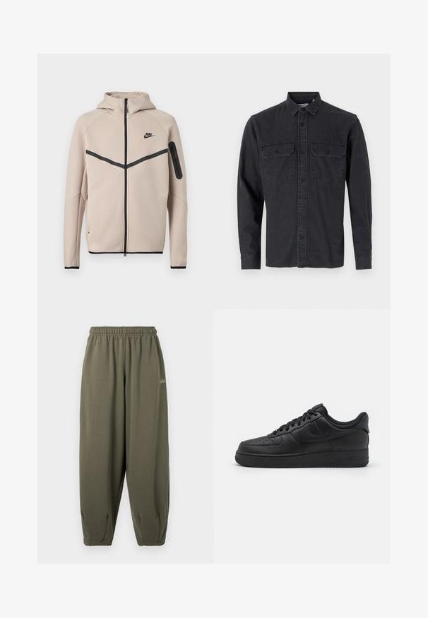 Beige Nike hættetrøje med fuld lynlås foran, sort chevronstribe over brystet og lynlåslomme på venstre ærme.; Langærmet, mørkegrå knap-up skjorte lavet af bomuldsblanding, med to brystlommer og klassisk krave-design.; Grågrønne sweatpants med elastisk talje og manchetter. Har minimal branding i matchende tråd på siden. Blød tekstur.; Nike Sportswear AIR FORCE 1 07 FLYEASE - Sneakers - black