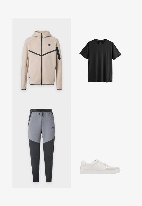 Beige Nike hættetrøje med fuld lynlås foran, sort chevronstribe over brystet og lynlåslomme på venstre ærme.; Sort aktivtøj T-shirt med korte ærmer og rund hals, med diskrete logoer på ærmerne og nederste kant, størrelse medium.; Nike joggers i grå og sort med et trekantet farveblokdesign, elastisk talje med snøre og sidelommer.; Hvid lavtop sneaker med snørebånd foran og gummisål, med diskrete syninger og ruskind detalje på tåområdet.