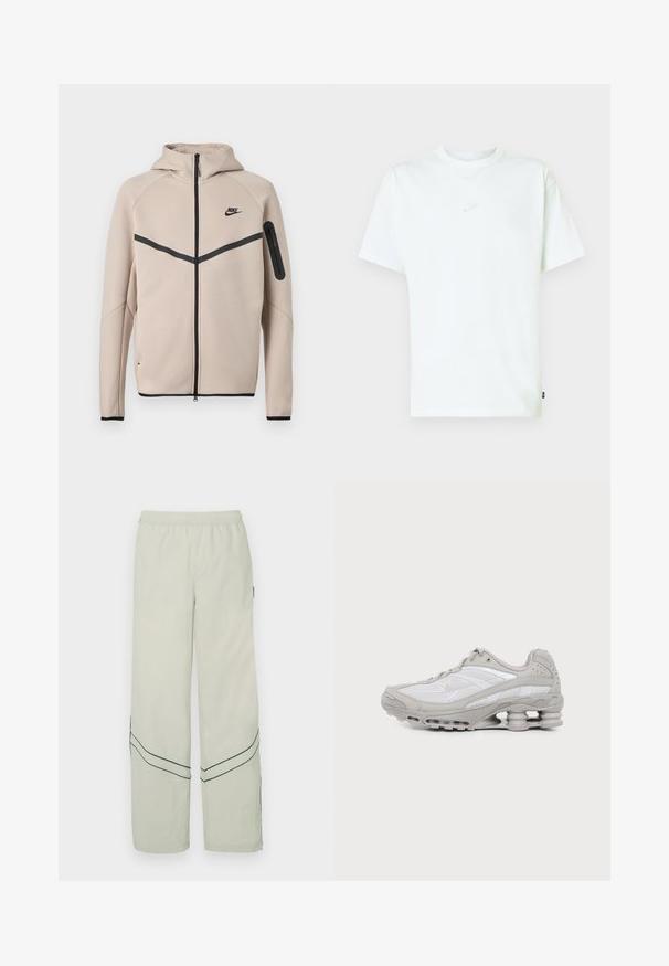 Μπεζ φούτερ μπουφάν Nike με κουκούλα και πλήρες φερμουάρ μπροστά, μαύρη λωρίδα σχήματος έλξης στο στήθος και τσέπη με φερμουάρ στο αριστερό μανίκι.; Λευκή βαμβακερή μπλούζα με στρογγυλή λαιμόκοψη, κοντά μανίκια και μικρό ανάγλυφο λογότυπο Nike στο στήθος. Μαλακή υφή και άνετη εφαρμογή.; Ανοιχτό πράσινο φαρδύ παντελόνι με ελαστική μέση, διακοσμημένο με διαγώνιες σκούρες πράσινες γραμμές και απλό σχέδιο. Λεία, ελαφριά υφάσματα.; Γκρι και άσπρο αθλητικό παπούτσι με διχτυωτά πάνελ, σχέδιο με κορδόνια και μοναδική σόλα που θυμίζει ελατήριο για απορρόφηση κραδασμών και υποστήριξη.