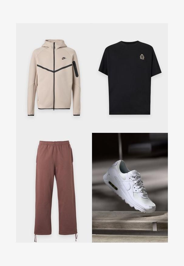 Beige Nike-hooded jack met volledige ritssluiting aan de voorkant, zwarte chevronstreep over de borst en een ritssluitingzak op de linker mouw.; Zwart T-shirt met korte mouwen met een klein beige wapenlogo op de linkerborst, met het woord "NIKE" binnen een lauwerkrans- en kroondesign.; Bruine broek met elastische tailleband, gemaakt van zacht stof, voorzien van zijzakken en verstelbare koordjes bij de pijpen voor een op maat gemaakte pasvorm.; Witte Nike Air Max 90 sneaker met een bovenwerk van mesh en leer, een geperforeerde teenbox en een zichtbare luchtunit in de hiel.
