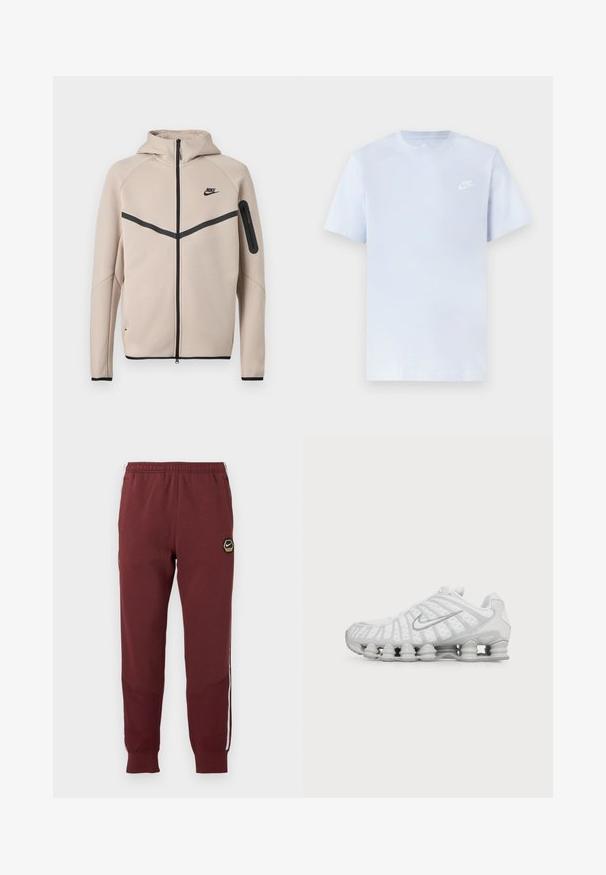 Beež Nike kapuutsiga jope, millel on täislukuga esikülg, musta ševrontriibu rinnal ja tõmblukuga tasku vasakul varrukal.; Hele sinine puuvillane t-särk lühikeste varrukatega, ümar kaelus ja valge Nike logo trükituna vasakul rinnal. Sile tekstuur, lihtne disain.; Bordoo dressipüksid kuusnurkse Nike logoga, elastse vöökohtaga, kahe külgtaskuga ja valgete külgtriipudega. Struktuurne kangas ja kitsenev jalgade disain.; Valge Nike jooksujalats nähtava õhupadjaga tallaga ja hõbedase Swooshi logoga küljel, nähtav välisküljelt.