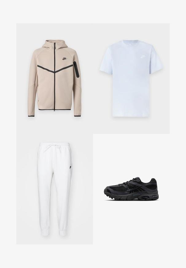 Μπεζ φούτερ μπουφάν Nike με κουκούλα και πλήρες φερμουάρ μπροστά, μαύρη λωρίδα σχήματος έλξης στο στήθος και τσέπη με φερμουάρ στο αριστερό μανίκι.; Ανοιχτό μπλε βαμβακερό μπλουζάκι με κοντά μανίκια, στρογγυλή λαιμόκοψη και λευκό λογότυπο Nike εκτυπωμένο στο αριστερό στήθος. Λείο υλικό, απλός σχεδιασμός.; Λευκά αθλητικά παντελόνια με ελαστική μέση και κορδόνι. Διαθέτουν το μαύρο λογότυπο της Nike στον αριστερό μηρό. Λάστιχο στους αστραγάλους. Μαλακή υφή υφάσματος.; Μαύρο και σκούρο γκρι αθλητικό παπούτσι Nike με ύφασμα mesh, επενδύσεις από σουέντ, μαξιλαρωμένη σόλα και ορατές μονάδες αέρα στη φτέρνα και στο μπροστινό μέρος του ποδιού.