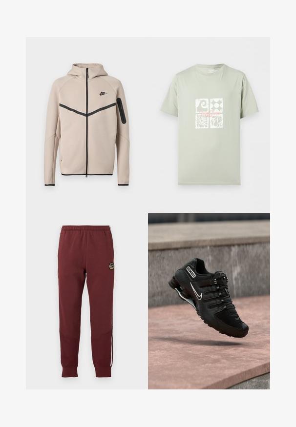 Beige Nike -huppari, jossa täysi etuvetoketju, musta vinonauha rinnassa ja vetoketjullinen tasku vasemmassa hihassa.; Vaaleanvihreä lyhythihainen T-paita, jossa on neljä valkoista graafista neliötä ja vaaleanpunainen kursiivilla oleva teksti rinnan keskellä.; Bordeaux-huonoja verkkarit, joissa on kuusikulmainen Nike-logo, joustava vyötärö, kaksi sivutaskua ja valkoiset sivuviivat. Teksturoitu kangas ja kapeneva lahjesuunnittelu.; Musta Nike Shox -juoksukenkä, jossa valkoinen swoosh-logo, keskellä ilmaa vaaleanpunertavan betonipinnan yläpuolella harmaan kiviseinän edessä.