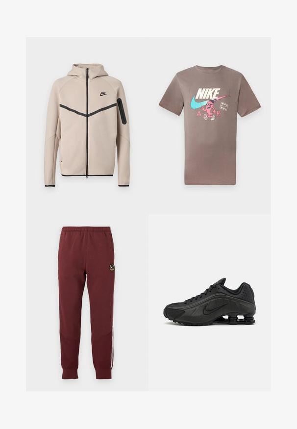 Chaqueta beige con capucha de Nike con cremallera completa frontal, franja en forma de cheurón negra en el pecho y bolsillo con cremallera en la manga izquierda.; Camiseta de algodón marrón con un gráfico colorido de un personaje con gafas de sol, junto a los logos de Nike y Air en colores contrastantes.; Chándal marrón con un logo hexagonal de Nike, cinturilla elástica, dos bolsillos laterales y rayas laterales blancas. Tejido texturizado con diseño de pierna ajustada.; Zapatillas de running negras con un upper sintético liso, detalles perforados, paneles laterales texturizados y una suela distintiva y elástica.