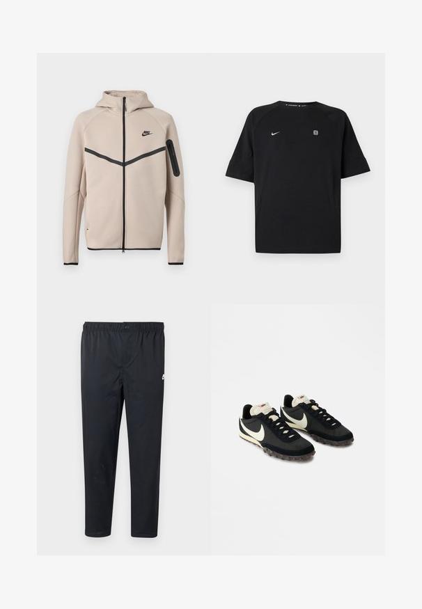 Μπεζ φούτερ μπουφάν Nike με κουκούλα και πλήρες φερμουάρ μπροστά, μαύρη λωρίδα σχήματος έλξης στο στήθος και τσέπη με φερμουάρ στο αριστερό μανίκι.; Μαύρο αθλητικό μπλουζάκι Nike με κοντά μανίκια, λευκό λογότυπο swoosh στο αριστερό στήθος και μικρό τετράγωνο έμβλημα στο δεξί στήθος, απλό φόντο.; Μαύρο αθλητικό παντελόνι με ελαστική μέση και κλείσιμο με κουμπί, με μικρό λευκό λογότυπο Nike στο πάνω αριστερό μηρό.; Μαύρα αθλητικά παπούτσια με υφή στο επάνω μέρος, λευκό λογότυπο swoosh και καουτσούκ σόλα με μικρά καρφιά για πρόσφυση. Κρέμα χρώματος κολάρο.