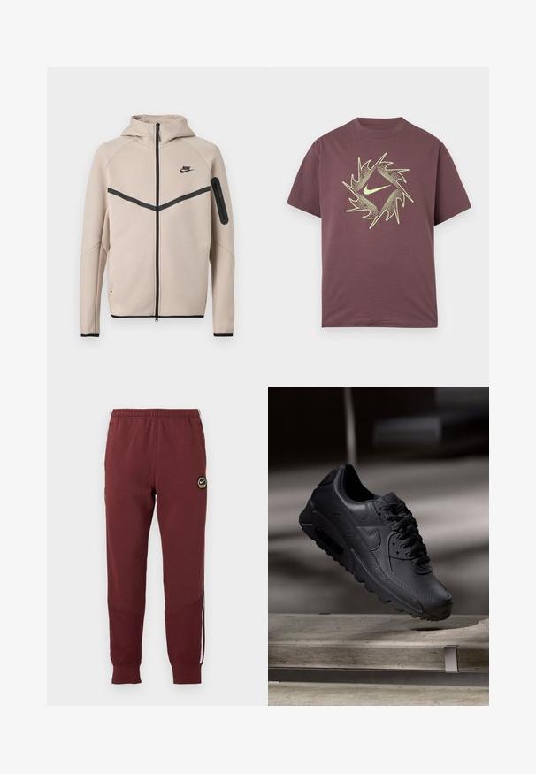 Beige Nike-hooded jack met volledige ritssluiting aan de voorkant, zwarte chevronstreep over de borst en een ritssluitingzak op de linker mouw.; Korte mouw bordeauxrood T-shirt met een neongeel abstract spikkelvormig cirkeldesign en een centraal swoosh-logo op de borst.; Bordeauxrode trainingsbroek met een hexagonaal Nike-logo, elastische tailleband, twee zijzakken en witte zijkanten. Geweven stof met een tapered leg ontwerp.; Zwarte Nike Air Max sneakers met een bovenwerk van gestructureerd leer, rubberen zool en een opvallend vetersysteem, dat een strakke, moderne uitstraling heeft.