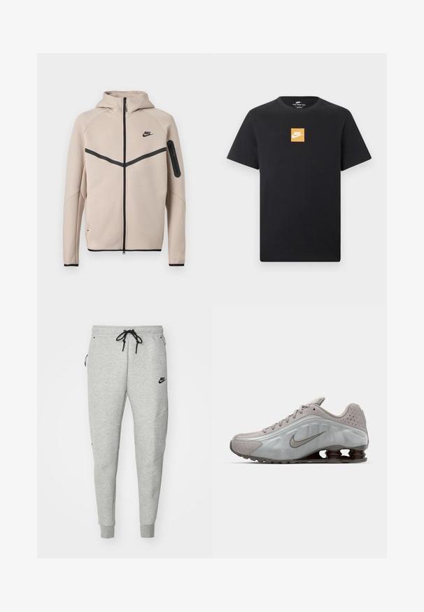 Beež Nike kapuutsiga jope, millel on täislukuga esikülg, musta ševrontriibu rinnal ja tõmblukuga tasku vasakul varrukal.; Must lühikeste varrukatega Nike T-särk, millel on väike oranž ruudukujuline logo ja valge Nike kaar rinnaku keskel.; Hallituspruunid dressipüksid, millel on sile tekstuur, elastne vöökoht, reguleeritav must pael, kaks küljetaskut ja väike must logo.; Nike jooksujalats helesinises värvitoonis, sujuva tekstuuri, kaarjate joontega ning tumeda pruuniga nähtavate pehmendavate vedrudega kandade juures.