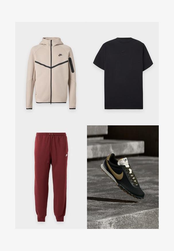 Chaqueta beige con capucha de Nike con cremallera completa frontal, franja en forma de cheurón negra en el pecho y bolsillo con cremallera en la manga izquierda.; Camiseta negra de manga corta Nike con cuello redondo y pequeño logotipo negro de Nike centrado en el pecho.; Pantalones de chándal burdeos hechos de una tela suave, con una cinturilla elástica y cordón, y puños ajustados, marcados con un pequeño logotipo blanco.; Zapatilla de running Nike negra y dorada con parte superior texturizada y cordones estampados, flotando sobre una superficie rugosa de hormigón y escalones.