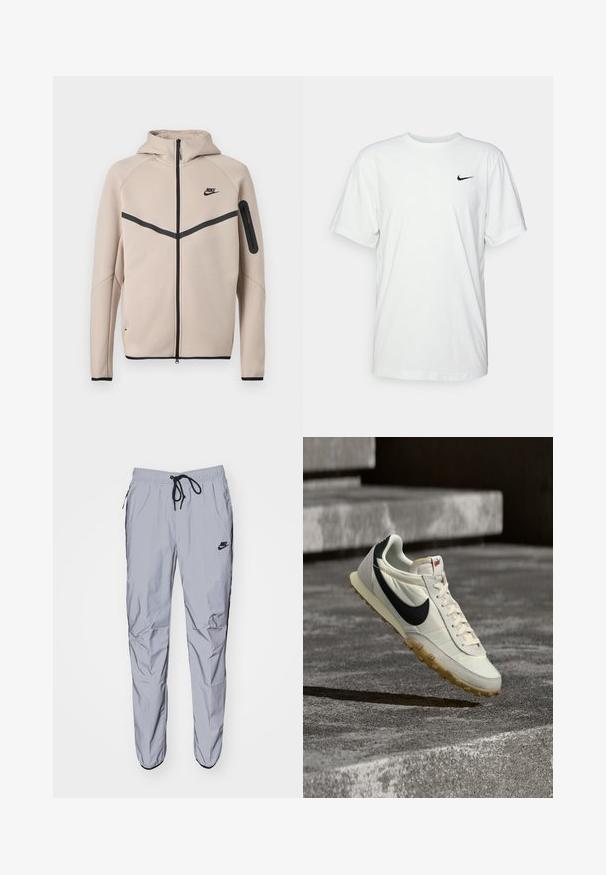 Beige Nike hættetrøje med fuld lynlås foran, sort chevronstribe over brystet og lynlåslomme på venstre ærme.; Hvid bomulds T-shirt med korte ærmer, rund halsudskæring og et sort Nike-logo på venstre bryst. Glat, let stof.; Lys grå sweatpants lavet af glat, let stof med sorte accenter. Har en elastisk talje med snoretræk og sidelommer.; Hvid og sort Nike-sneaker med gummisål hængende over betontrapper, oplyst af naturligt sollys.