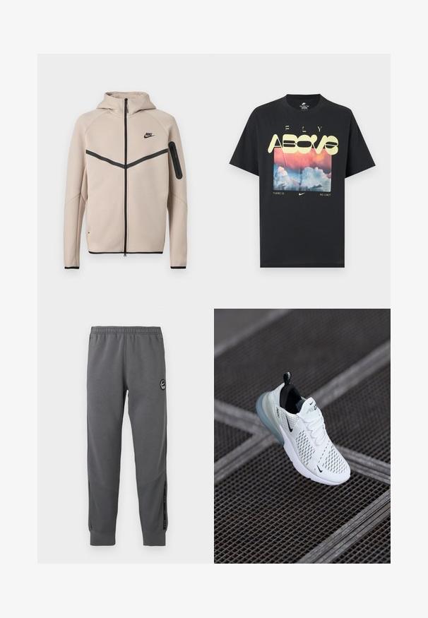 Beige Nike hættetrøje med fuld lynlås foran, sort chevronstribe over brystet og lynlåslomme på venstre ærme.; Sort bomuld T-shirt med grafik af skyer, en lyserød og blå himmel samt fed gul tekst med ordene "FLY ABOVE" og "THERE IS NO LIMIT."; Grå sweatpants lavet af blødt stof med elastisk talje, tætsiddende ben, sidelommer og en cirkulær logo-patch.; Hvide atletiske sneakers med perforeret mesh-overdel, sorte accenter, synlige snørebånd og en gennemsigtig luftdæmpningssål.
