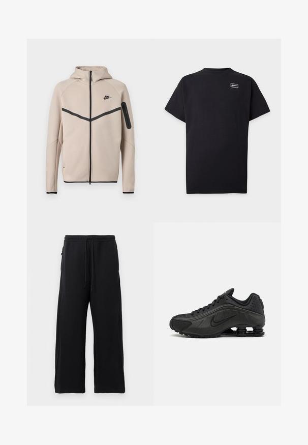 Béžová mikina s kapucňou značky Nike s celopredným zipsom, čiernym kosoštvorcovým pruhom na hrudi a vreckom na zips na ľavom rukáve.; Čierne krátke tričko Nike s malým bielym logom Nike swoosh vo vnútri obdĺžnikového obrysu na ľavej strane hrude.; Čierne tepláky z jemného materiálu, s nastaviteľným pásom, širokým strihom a bočnými vreckami s hladkým povrchom.; Čierne bežecké topánky s hladkým syntetickým zvrškom, perforovanými akcentmi, textúrovanými bočnými panelmi a výraznou pružnou podrážkou.