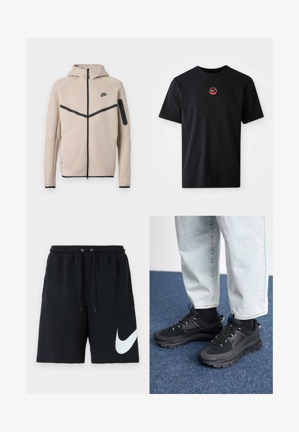 Chaqueta beige con capucha de Nike con cremallera completa frontal, franja en forma de cheurón negra en el pecho y bolsillo con cremallera en la manga izquierda.; Camiseta negra de mangas cortas hecha de algodón, con un logo hexagonal de Nike en rojo y blanco en el pecho y un escote redondeado.; Shorts de algodón negros con cinturilla elástica, cordón, bolsillos laterales y un gran logo blanco de Nike impreso en el lado izquierdo.; Zapatillas deportivas negras con tejido texturizado y suelas de goma, con cordones elásticos y un acento azul en el talón. Combinadas con pantalones de mezclilla claros.