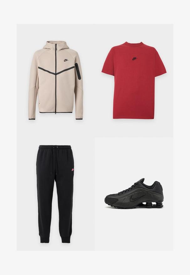 Beige Nike hættetrøje med fuld lynlås foran, sort chevronstribe over brystet og lynlåslomme på venstre ærme.; Rød bomuld t-shirt med et sort Nike-logo på brystet, korte ærmer, rund halsudskæring og almindelig pasform. Glat tekstur.; Sorte svedbukser lavet af blødt stof med elastisk talje, justerbar snøre og et lille pink Nike-logo på venstre side.; Sorte løbesko med en glat syntetisk overdel, perforerede detaljer, teksturerede sidedele og en distinkt fjedrende sål.