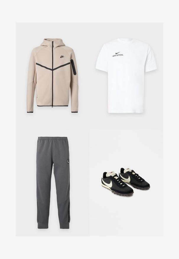 Beige Nike Kapuzenjacke mit durchgehendem Frontreißverschluss, schwarzem Chevron-Streifen über der Brust und Reißverschlusstasche am linken Ärmel.; Weißes Baumwoll-T-Shirt mit kurzen Ärmeln. Es zeigt ein schwarzes "Nike Official"-Logo und einen schwarzen Swoosh auf der linken Brustseite.; Graue Sweatpants aus weichem Stoff mit einem elastischen Bund, schmal zulaufenden Beinen, Seitenpaneelen und einem runden Logo-Patch.; Schwarze Sportschuhe mit einer strukturierten Oberseite, weißem Swoosh-Logo und einer Gummisohle, die mit kleinen Noppen für besseren Halt ausgestattet ist. Beigefarbener Kragen.