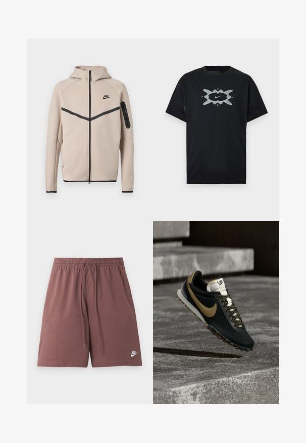 Μπεζ φούτερ μπουφάν Nike με κουκούλα και πλήρες φερμουάρ μπροστά, μαύρη λωρίδα σχήματος έλξης στο στήθος και τσέπη με φερμουάρ στο αριστερό μανίκι.; Μαύρο βαμβακερό t-shirt με κεντρικό ασημί γραφικό που απεικονίζει το λογότυπο της Nike και μια αφηρημένη μορφή. Κοντά μανίκια, στρογγυλή λαιμόκοψη, άνετη εφαρμογή.; Καφέ σορτς Nike με ελαστική μέση και κορδόνι, με μικρό λευκό λογότυπο Nike στο κάτω αριστερό πόδι.; Μαύρο και χρυσό αθλητικό παπούτσι τρεξίματος Nike με υφή στο επάνω μέρος και κορδόνια με σχέδιο, που αιωρείται πάνω από τραχιά επιφάνεια σκυροδέματος και σκαλοπάτια.