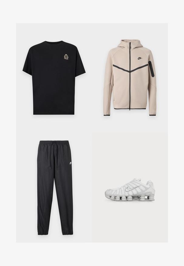 Μπεζ φούτερ μπουφάν Nike με κουκούλα και πλήρες φερμουάρ μπροστά, μαύρη λωρίδα σχήματος έλξης στο στήθος και τσέπη με φερμουάρ στο αριστερό μανίκι.; Μαύρο κοντομάνικο T-shirt με μικρό μπεζ έμβλημα σχήματος θυρεού στην αριστερή πλευρά του στήθους, με τη λέξη «NIKE» μέσα σε σχέδιο δάφνης και κορώνας.; Μαύρο παντελόνι jogger με ελαστική μέση και ρυθμιζόμενο κορδόνι. Λείο, ελαφρύ υλικό με μικρό λευκό λογότυπο Nike.; Λευκό αθλητικό παπούτσι Nike με ορατή αεριζόμενη σόλα και ασημένιο λογότυπο Swoosh στο πλάι, απεικονιζόμενο από την εξωτερική πλευρά.
