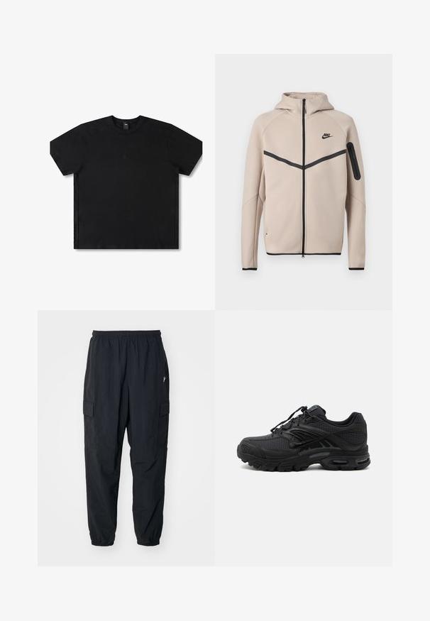 Béžová mikina s kapucňou značky Nike s celopredným zipsom, čiernym kosoštvorcovým pruhom na hrudi a vreckom na zips na ľavom rukáve.; Čierne tričko s krátkym rukávom vyrobené z bavlny s okrúhlym výstrihom, s jemným logom na strede a vo voľnom strihu.; Čierne cargo nohavice vyrobené z ľahkého materiálu, s elastickým pásom, bočnými vreckami a voľným strihom s elastickými manžetami.; Čierna atletická teniska s texturovanou tkaninou, hrubou polstrovanou podrážkou, odvetrávacími otvormi a šnurovaním, zobrazená z boku na svetlom pozadí.