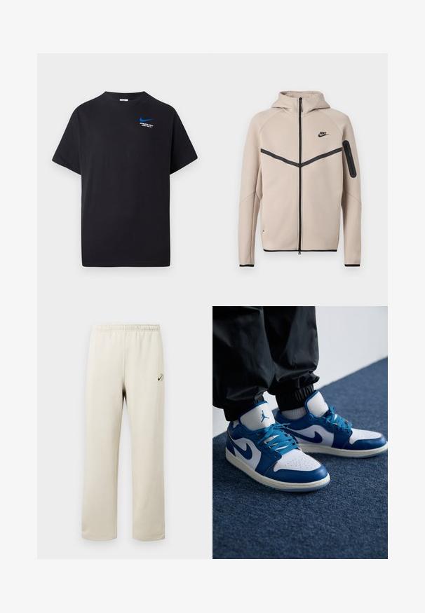 Béžová mikina s kapucňou značky Nike s celopredným zipsom, čiernym kosoštvorcovým pruhom na hrudi a vreckom na zips na ľavom rukáve.; Čierne tričko s krátkym rukávom, s malým modrým Nike swoosh a bielym textom "ATHLETIC DEPT JUST DO IT." na hornej ľavej strane hrudi.; Béžové tepláky s elastickým pásom, rovné nohavice a malým zeleno-čiernym logom Nike na hornej ľavej stehne.; Nike Air Jordan tenisky majú bielu koženú základňu s modrými syntetickými akcentmi, perforovanou špičkou a modrými šnúrkami.