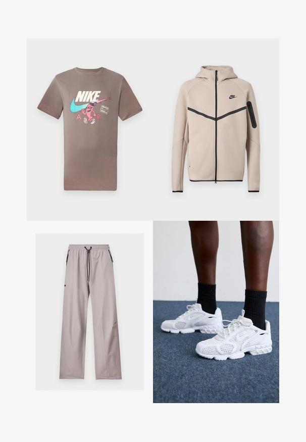 Chaqueta beige con capucha de Nike con cremallera completa frontal, franja en forma de cheurón negra en el pecho y bolsillo con cremallera en la manga izquierda.; Camiseta de algodón marrón con un gráfico colorido de un personaje con gafas de sol, junto a los logos de Nike y Air en colores contrastantes.; Pantalones de color gris claro, de corte holgado, con cintura elástica, cordón negro ajustable y bolsillos laterales con detalles de cremallera negra.; Zapatillas deportivas blancas con parte superior de malla, acentos texturizados y suela acolchada. Combinadas con calcetines cortos de canalé negros sobre una superficie de moqueta azul.