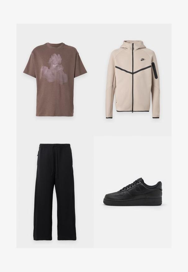 Béžová mikina s kapucňou značky Nike s celopredným zipsom, čiernym kosoštvorcovým pruhom na hrudi a vreckom na zips na ľavom rukáve.; Hnedé bavlnené tričko s voľným strihom, s bielym logom Nike a dizajnom oblakov v odtieňoch svetloružovej na prednej strane.; Čierne tepláky z jemného materiálu, s nastaviteľným pásom, širokým strihom a bočnými vreckami s hladkým povrchom.; Nike Sportswear AIR FORCE 1 07 FLYEASE - Tenisky - black