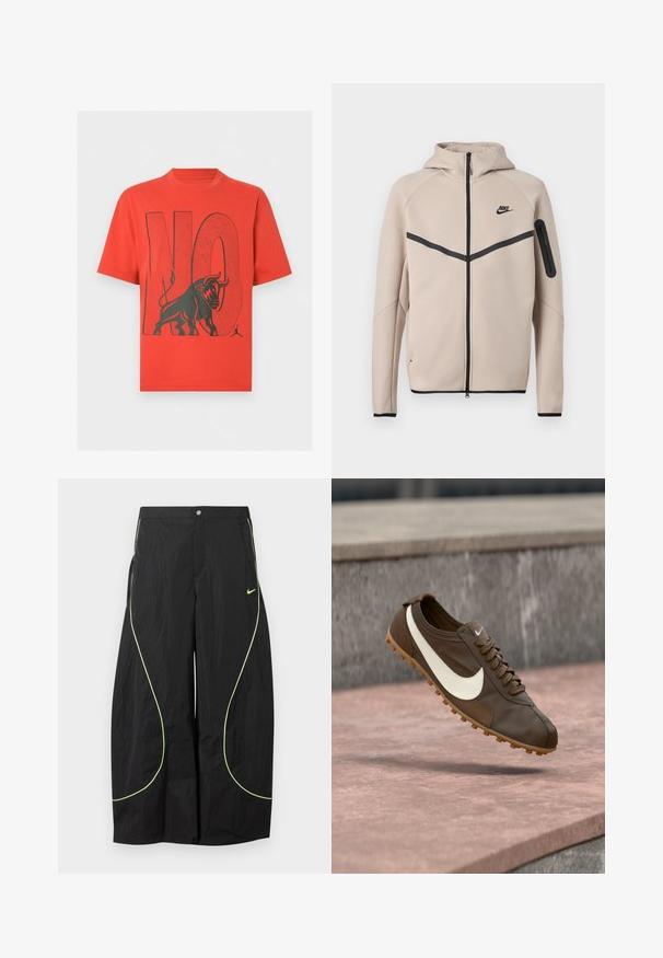 Μπεζ φούτερ μπουφάν Nike με κουκούλα και πλήρες φερμουάρ μπροστά, μαύρη λωρίδα σχήματος έλξης στο στήθος και τσέπη με φερμουάρ στο αριστερό μανίκι.; Κόκκινο μπλουζάκι με κοντά μανίκια, με μεγάλο μαύρο κείμενο "ΟΧΙ" και μαύρο γραφικό ταύρου που στέκεται μπροστά από τα γράμματα μπροστά.; Μαύρο παντελόνι Nike με φαρδιά μπάσκα, νεον πράσινη καμπύλη διακόσμηση και μικρό λογότυπο Nike Swoosh στο δεξί μηρό, κλείσιμο με κουμπί και φερμουάρ στη μέση.; Καφέ αθλητικό παπούτσι Nike με λευκό λογότυπο Swoosh και σόλα από καουτσούκ αιωρείται πάνω από ροζ πέτρινη επιφάνεια με γκρι πέτρινο φόντο.