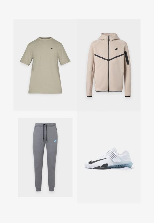 Beige Nike hættetrøje med fuld lynlås foran, sort chevronstribe over brystet og lynlåslomme på venstre ærme.; Lysegrå Nike T-shirt med korte ærmer, rund hals og lille sort Nike-swoosh-logo på venstre bryst.; Grå Nike joggingbukser med sort snor, elastisk talje, tilspidsede ben og lyseblåt Nike-logo på venstre lår.; Hvide atletiske sko med sort Nike swoosh, mesh-overdel, tre sorte striber og en gradient sål fra blå til klar. Har forstærkede detaljer.