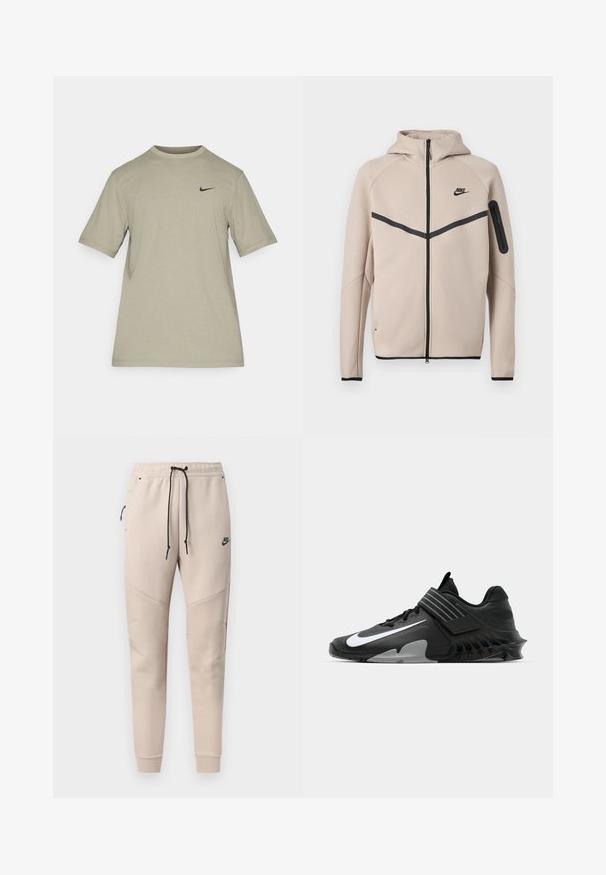Beige Nike hættetrøje med fuld lynlås foran, sort chevronstribe over brystet og lynlåslomme på venstre ærme.; Lysegrå Nike T-shirt med korte ærmer, rund hals og lille sort Nike-swoosh-logo på venstre bryst.; Beige Nike joggingbukser med sort snøre, lynlåslomme på siden, syninger på knæpaneler og elastiske manchetter.; Sorte sportsko med et strømlinet design, der har et fremtrædende hvidt Nike-logo, teksturerede overflader og en karakteristisk støbt sål.