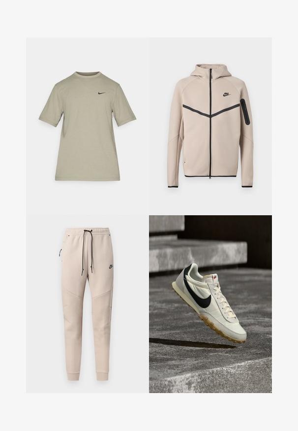 Béžová mikina s kapucňou značky Nike s celopredným zipsom, čiernym kosoštvorcovým pruhom na hrudi a vreckom na zips na ľavom rukáve.; Svetlosivé krátke rukávy tričko Nike s okrúhlym výstrihom a malým čiernym logom Nike swoosh na ľavej strane hrude.; Béžové tepláky Nike s čiernym sťahovacím šnúrkou, bočným vreckom na zips, prešívanými panely na kolenách a elastickými manžetami.; Biely a čierny teniska značky Nike s podrážkou farby žuvačky, visiaca nad betónovými schodmi, osvietená prirodzeným slnečným svetlom.