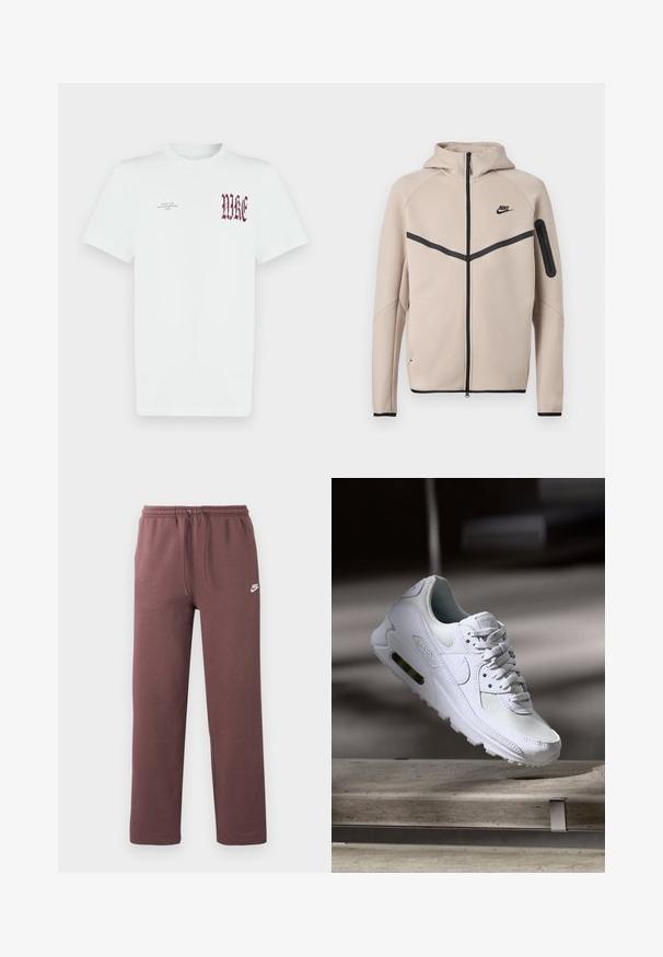 Beige Nike hooded jacket with full front zipper, black chevron stripe across chest, and zippered pocket on left sleeve.; White cotton t-shirt featuring red "NIKE" graphic and text on the left chest. Short sleeves and crew neck design, smooth texture.; Brown Nike sweatpants with elastic waistband and drawstring, featuring a small white Nike logo on the left thigh.; White Nike Air Max 90 sneaker featuring a mesh and leather upper, perforated toe box, and a visible air unit in the heel.