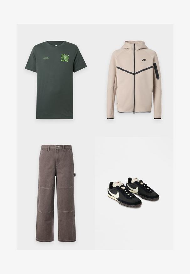 Μπεζ φούτερ μπουφάν Nike με κουκούλα και πλήρες φερμουάρ μπροστά, μαύρη λωρίδα σχήματος έλξης στο στήθος και τσέπη με φερμουάρ στο αριστερό μανίκι.; Σκούρο πράσινο βαμβακερό T-shirt με κοντά μανίκια. Στο μπροστινό μέρος υπάρχει μεγάλο πράσινο λογότυπο "NIKE" και μικρότερο κείμενο, κλασικός στρογγυλός γιακάς, λεία υφή.; Φαρδιά παντελόνια σε ξεθωριασμένο καφέ χρώμα, κατασκευασμένα από ανθεκτικό ύφασμα με αντίθετη ραφή. Διαθέτουν λεπτομέρειες από πάνελ και μια πλαϊνή τσέπη.; Μαύρα αθλητικά παπούτσια με υφή στο επάνω μέρος, λευκό λογότυπο swoosh και καουτσούκ σόλα με μικρά καρφιά για πρόσφυση. Κρέμα χρώματος κολάρο.