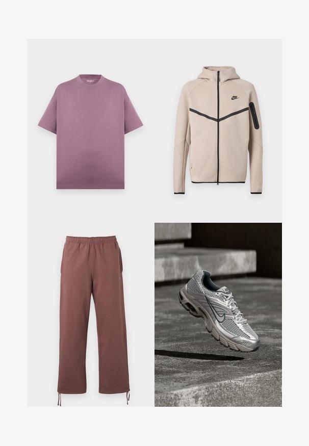 Μπεζ φούτερ μπουφάν Nike με κουκούλα και πλήρες φερμουάρ μπροστά, μαύρη λωρίδα σχήματος έλξης στο στήθος και τσέπη με φερμουάρ στο αριστερό μανίκι.; Κοντομάνικο φαρδύ T-shirt με στρογγυλή λαιμόκοψη σε απαλό μωβ χρώμα, χωρίς εμφανή γραφικά ή σχέδια σε απλό φόντο.; Καφέ παντελόνι με ελαστική μέση, κατασκευασμένο από απαλό ύφασμα, με πλαϊνές τσέπες και ρυθμιζόμενα κορδόνια στα μανσέτα για εξατομικευμένη εφαρμογή.; Ασημί και γκρι παπούτσι Nike για τρέξιμο, αιωρούμενο στον αέρα πάνω από σκάλες από σκυρόδεμα, εμφανίζοντας την επάνω επιφάνεια από δίχτυ και τις λεπτομέρειες του μαλακού πάτου.